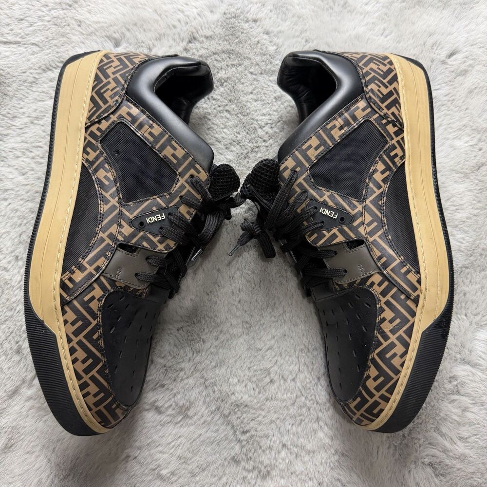 Fendi Black Brown FF Leather and Mesh See Through Lace Up Sneakers Size 10 AUTH